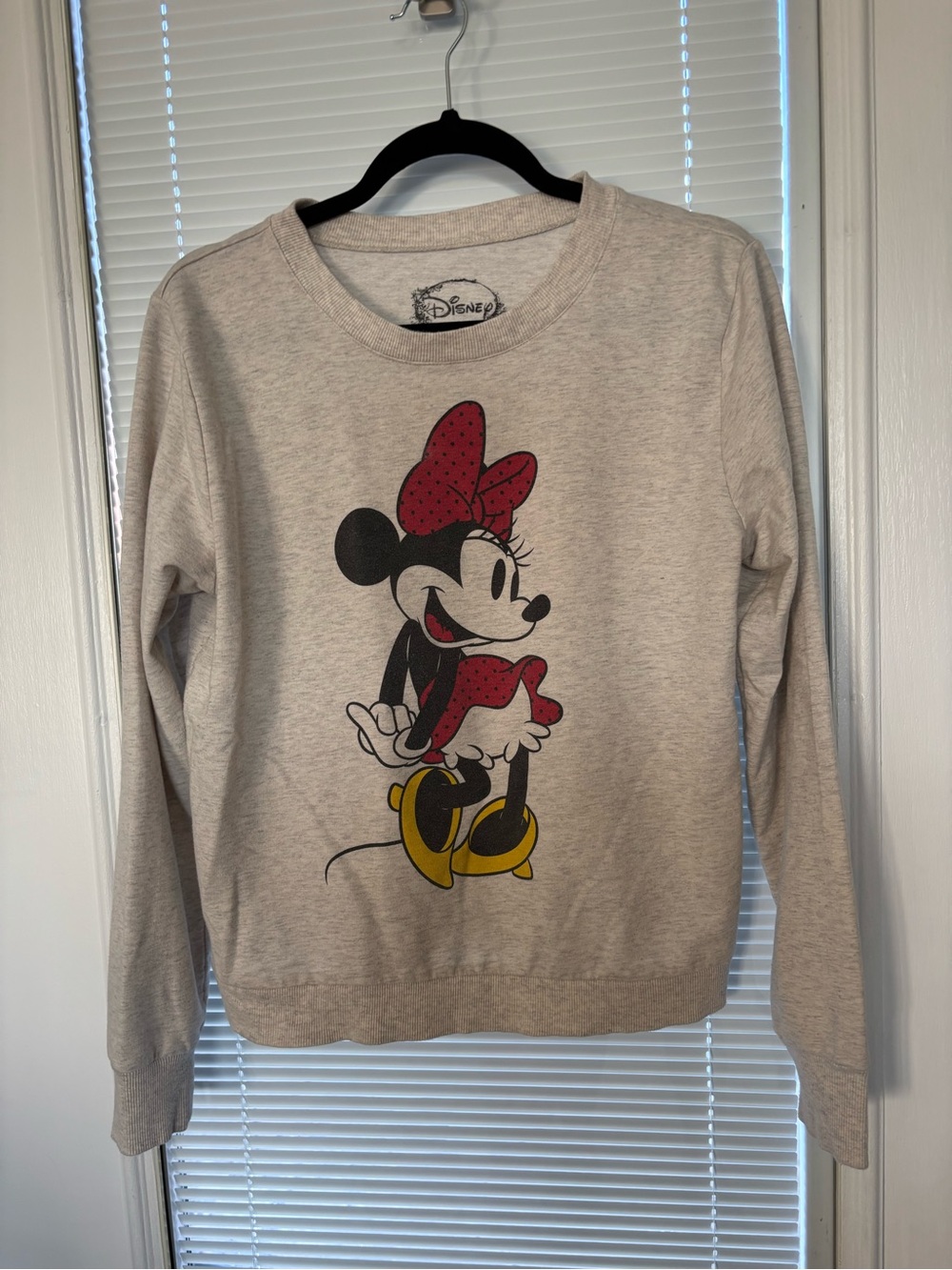 Disney Light Gray Minnie Mouse Crewneck Sweater with Red Bow